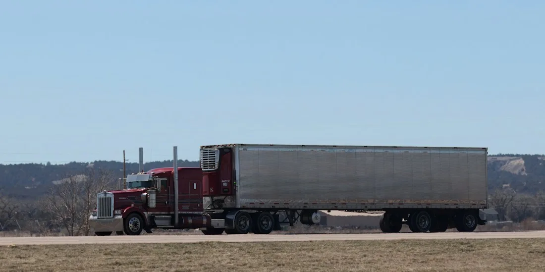 A tractor-trailer hauling freight on Interstate 80 in Nebraska